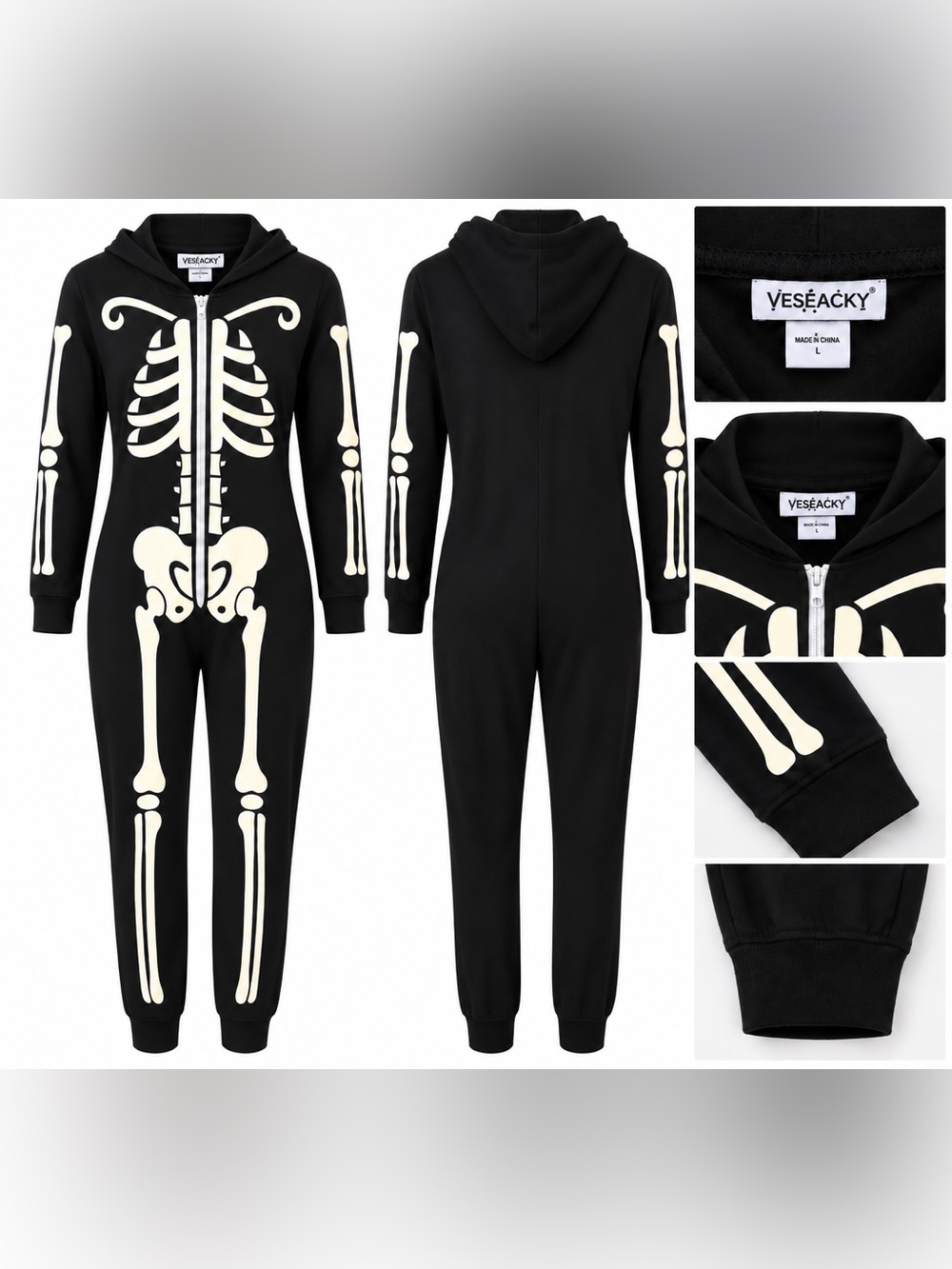 VESEACKY Skeleton Hooded Black Jumpsuit Halloween Large